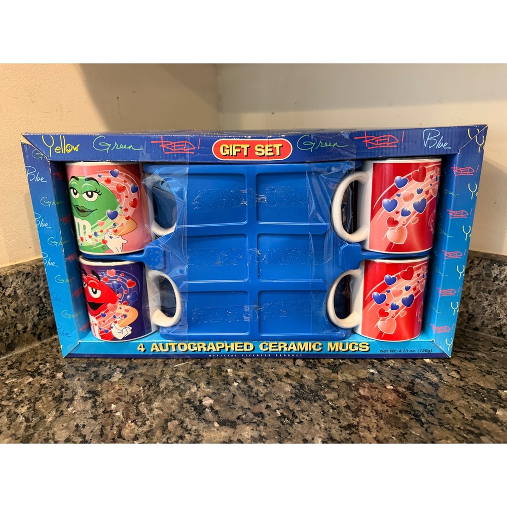 M&M's Autographed Ceramic Mug Gift Set 4 Piece Red Yellow Green Blue Characters